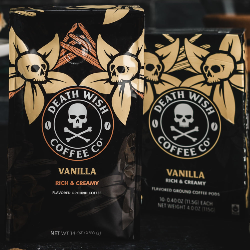 Creamy latte moment with Death Wish Vanilla flavors for indulgent sweetness.