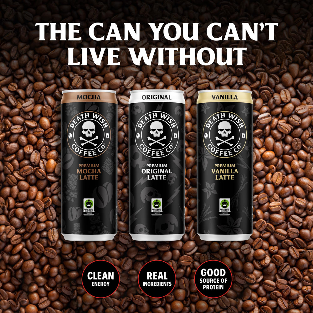 Death Wish Coffee bottle and vanilla beans, bold flavor potential ready to sip.