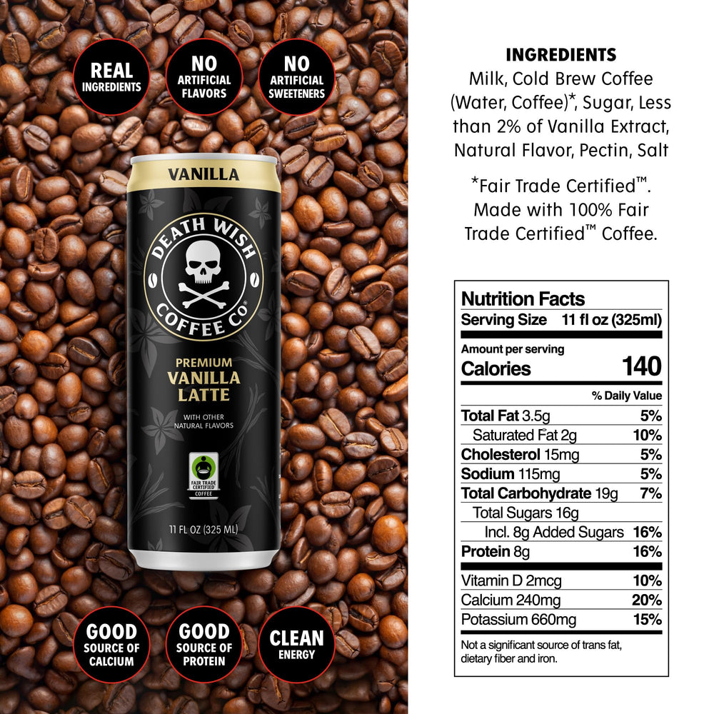 Death Wish Coffee Vanilla Latte pour, showcasing strong caffeine and vanilla aroma.
