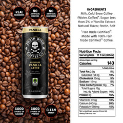 Death Wish Coffee Vanilla Latte pour, showcasing strong caffeine and vanilla aroma.