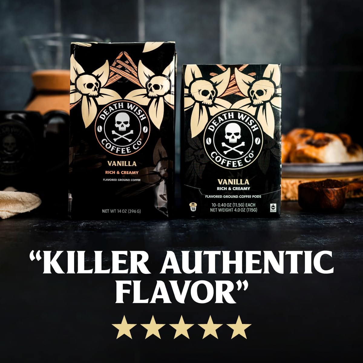 Death Wish Coffee Vanilla pod closeup with rich aroma and vanilla notes