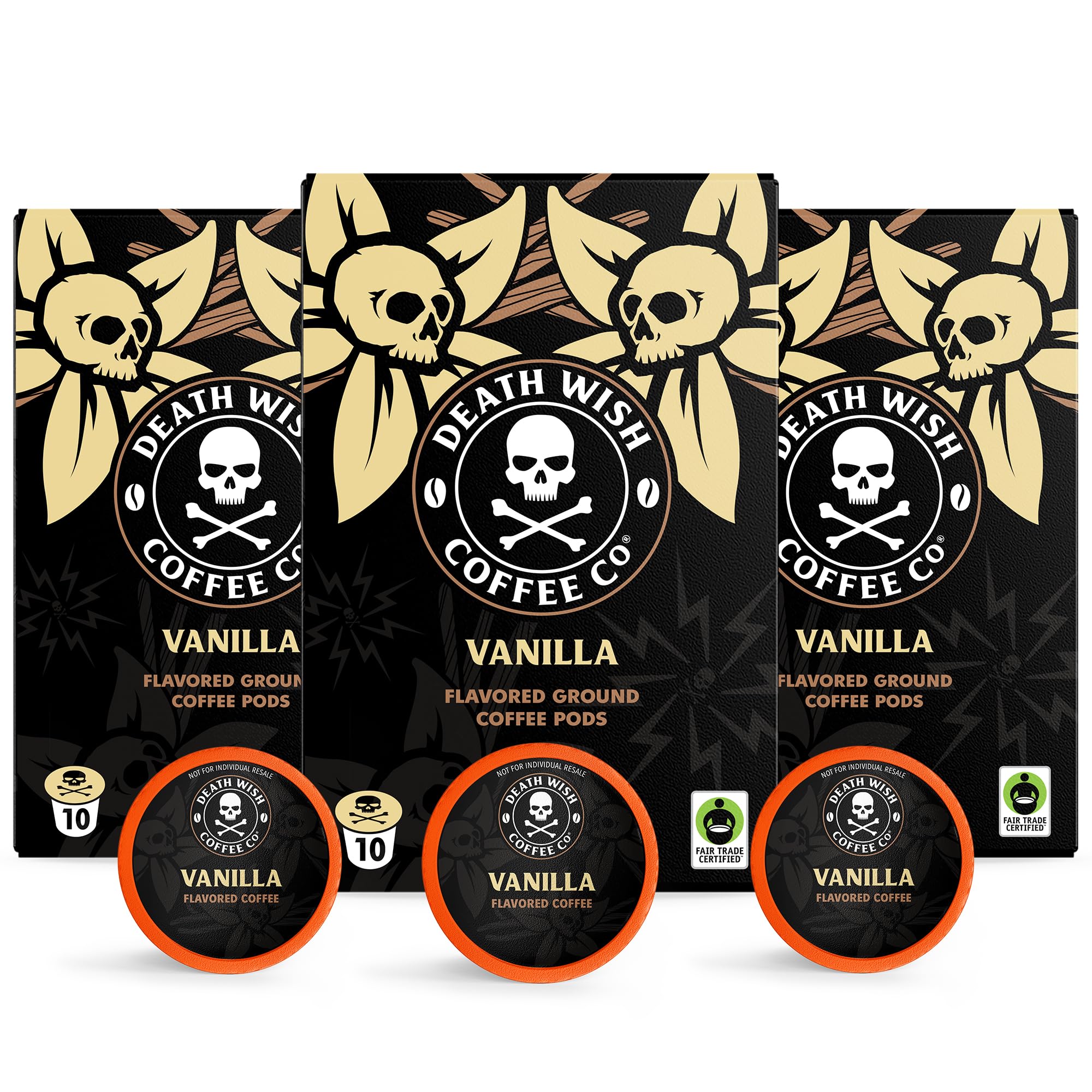 Death Wish Coffee Vanilla single-serve pod packaging highlighting bold flavor
