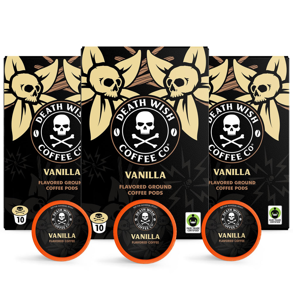 Death Wish Coffee Vanilla single-serve pod packaging highlighting bold flavor