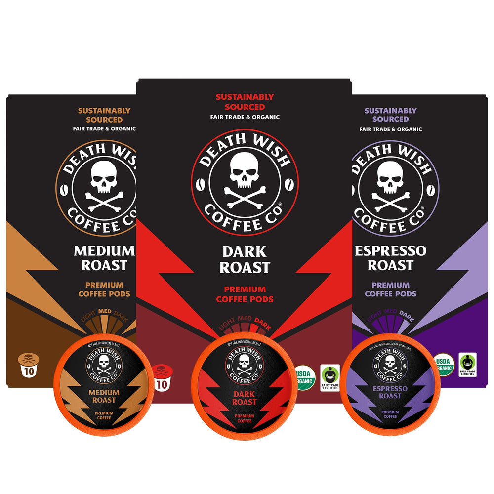 Death Wish Coffee variety pack box shows three bold roasts for flexible mornings.
