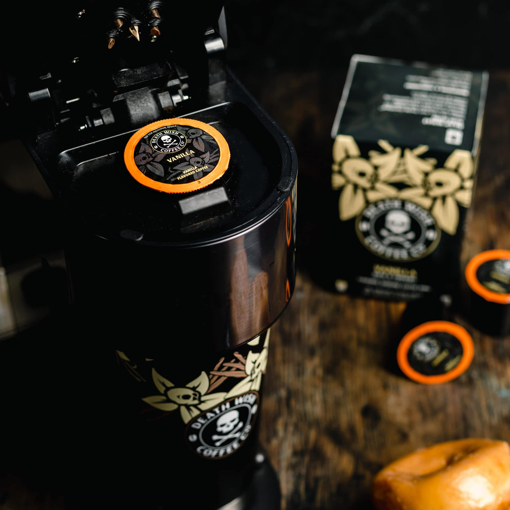 Death Wish Vanilla Pods ready in a Keurig brewer.