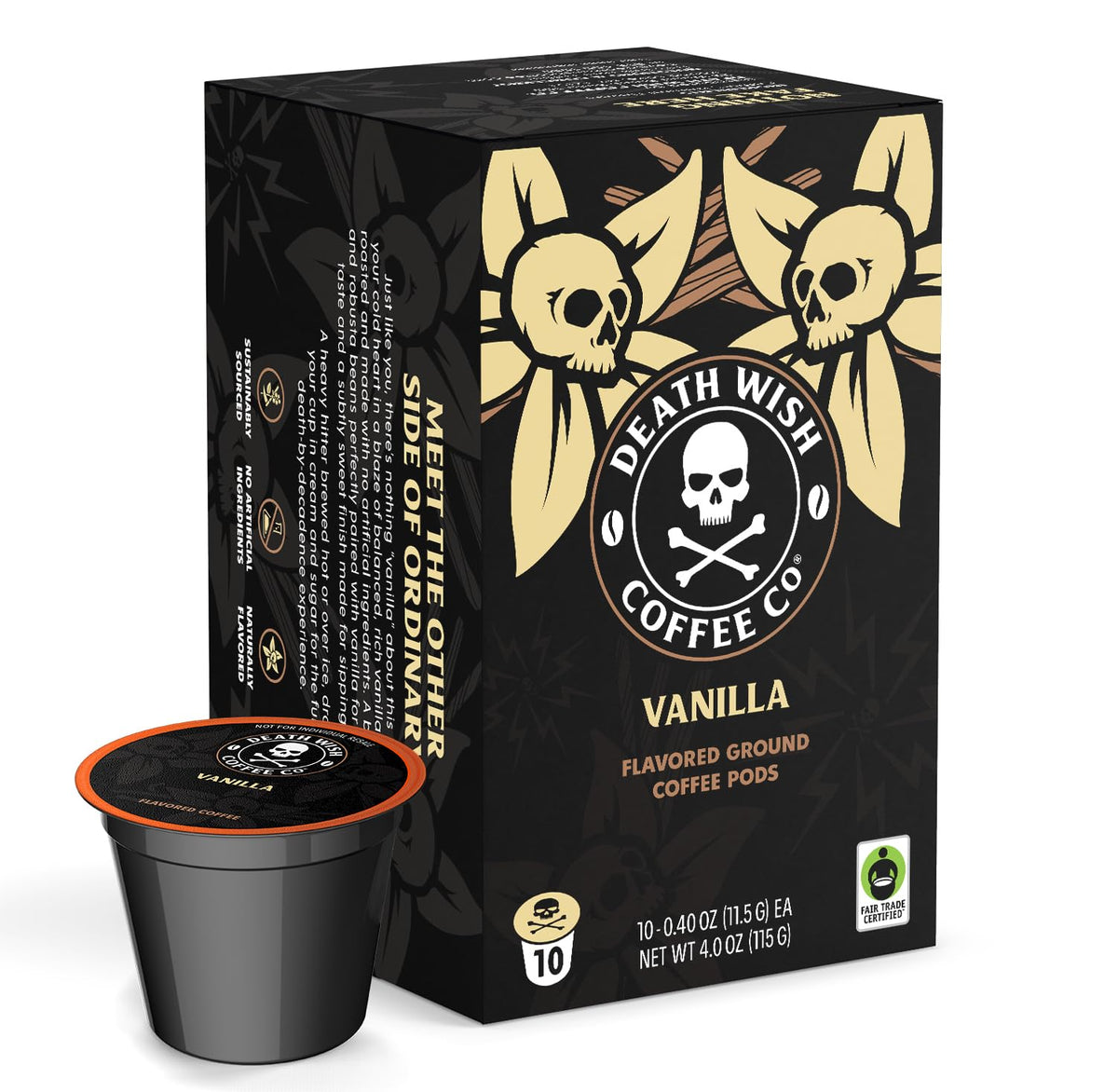 Death Wish Coffee Vanilla Pods pack shot highlighting bold, high-caffeine blend.