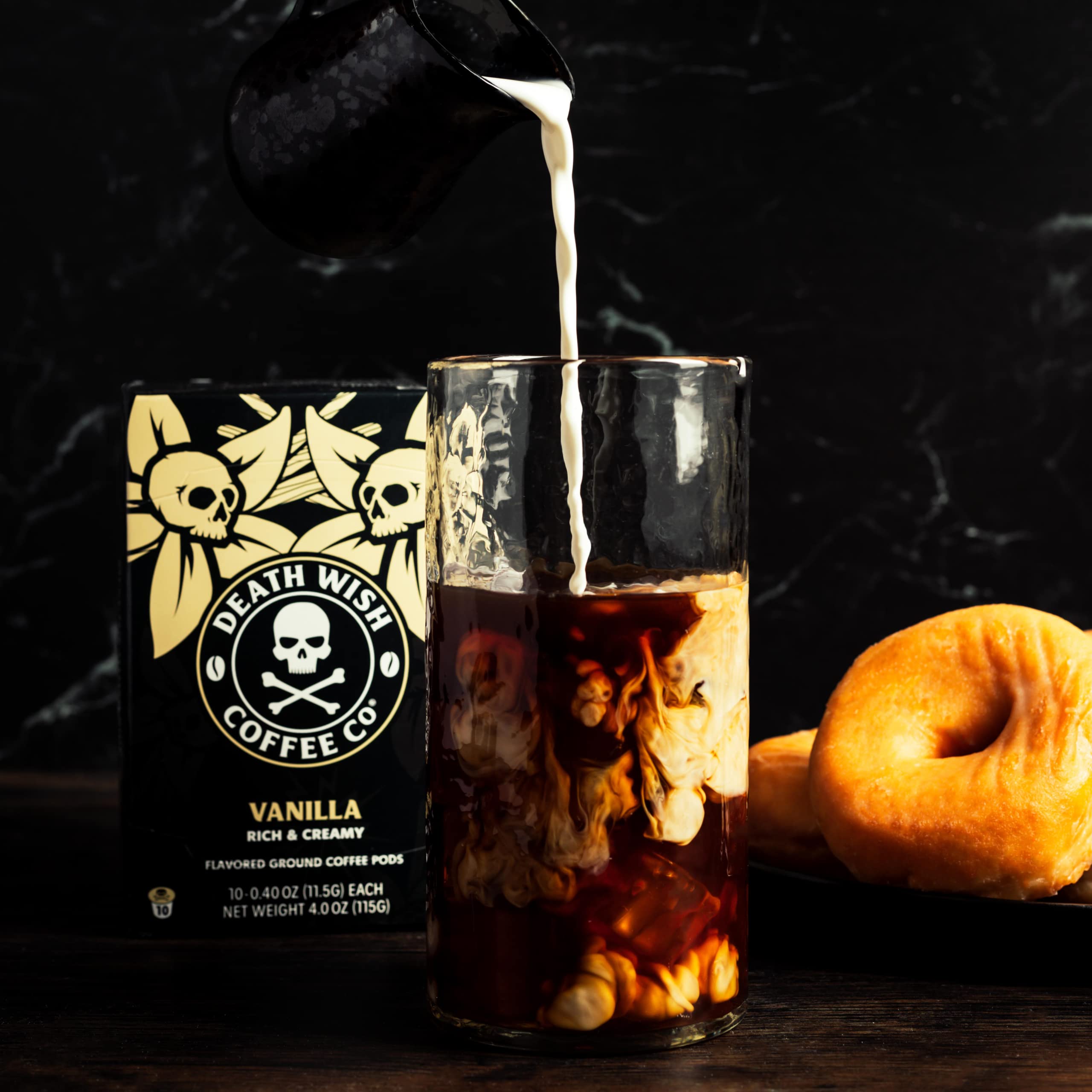 Death Wish Vanilla Pods being poured into a mug.