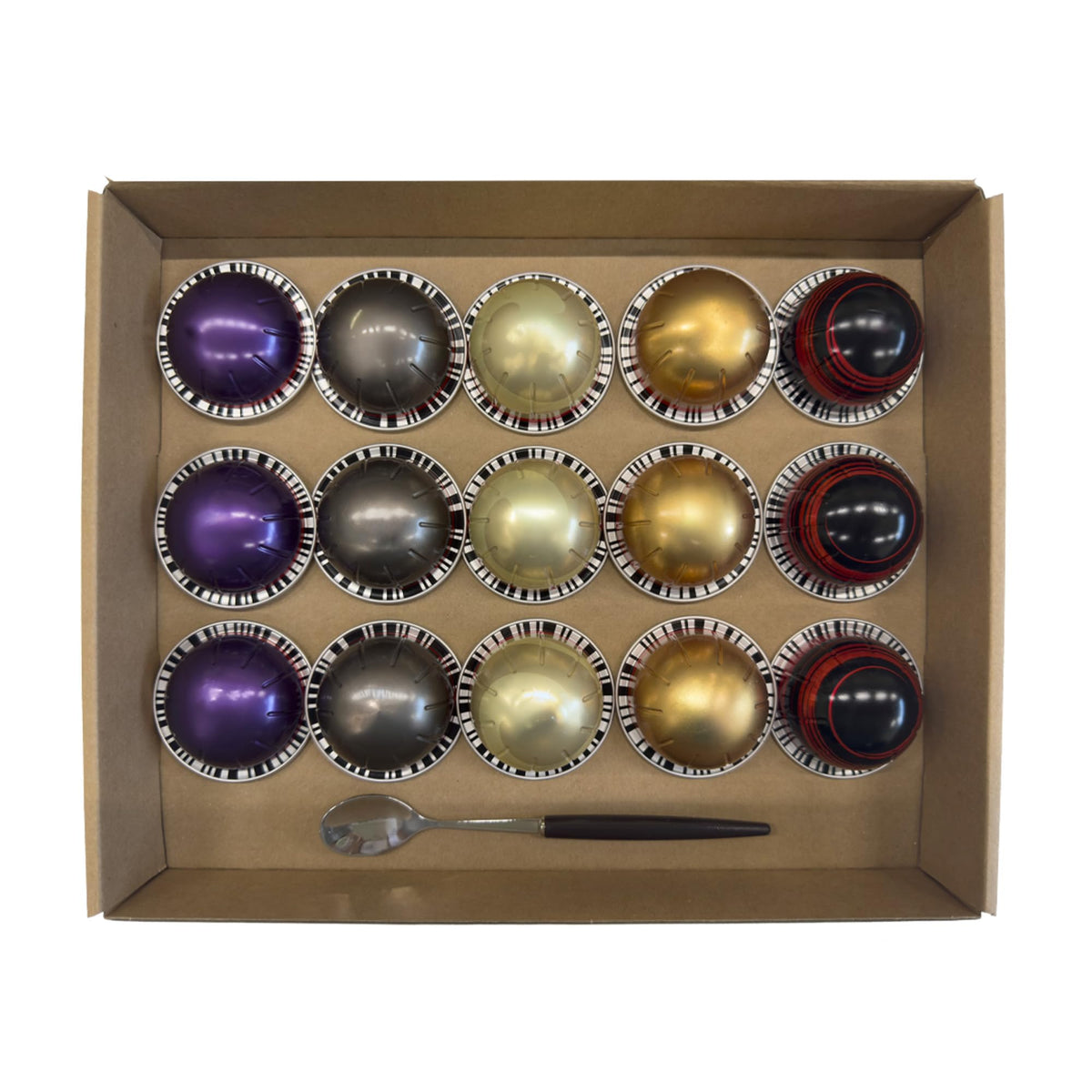 Decaf coffee pack with 15 pods and spoon included for quick, convenient brewing