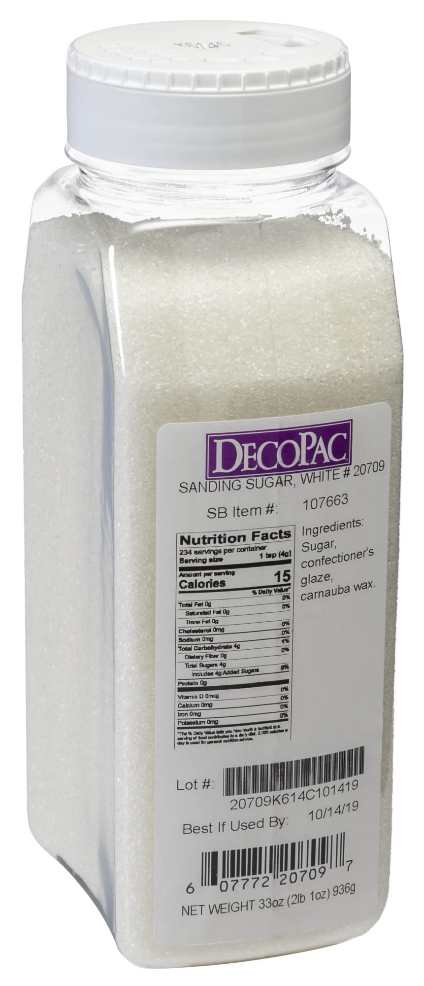 DecoPac sanding sugar white jar, top view with sprinkle lid