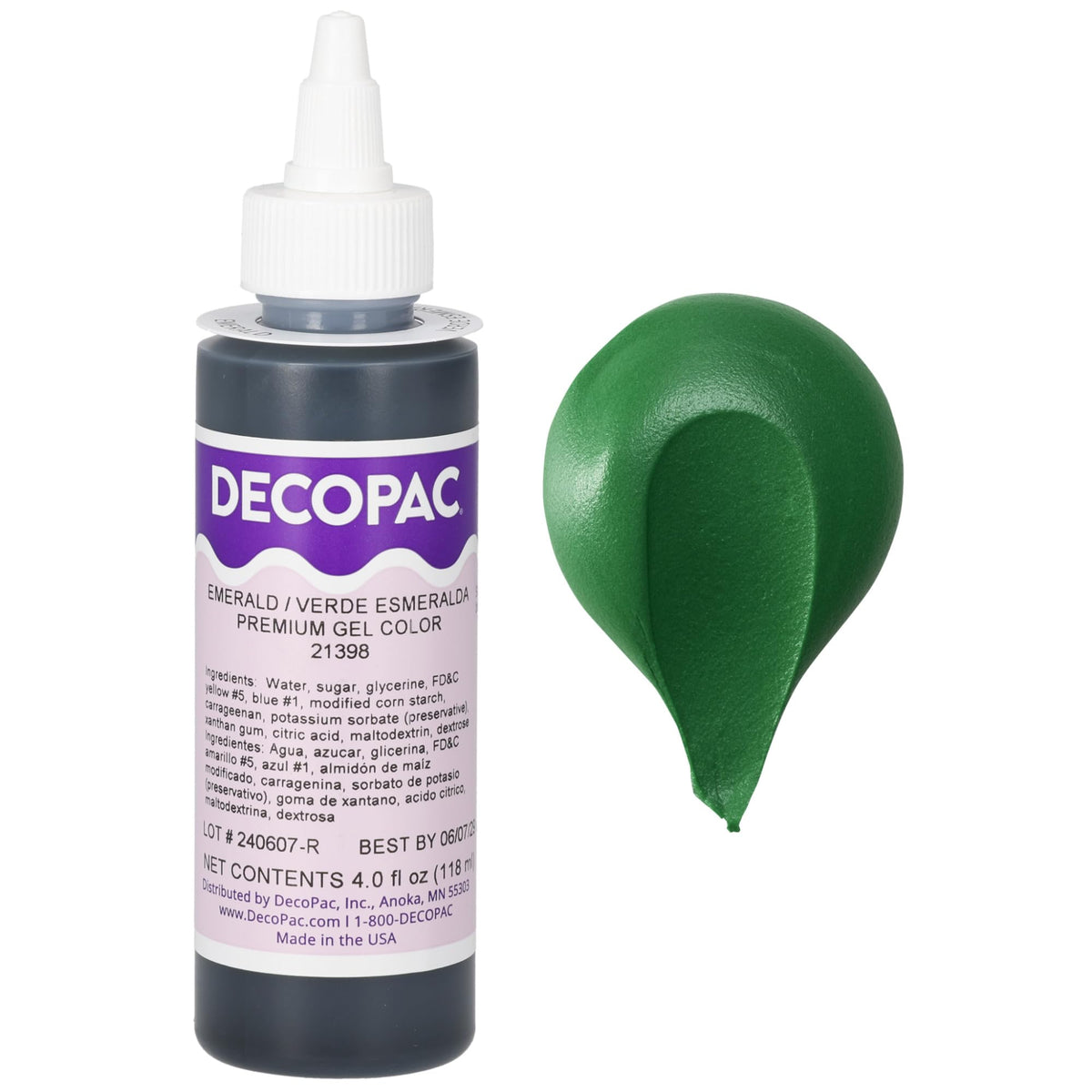 DecoPac Emerald Trend gel color bottle shows vibrant emerald shade for cake decorating