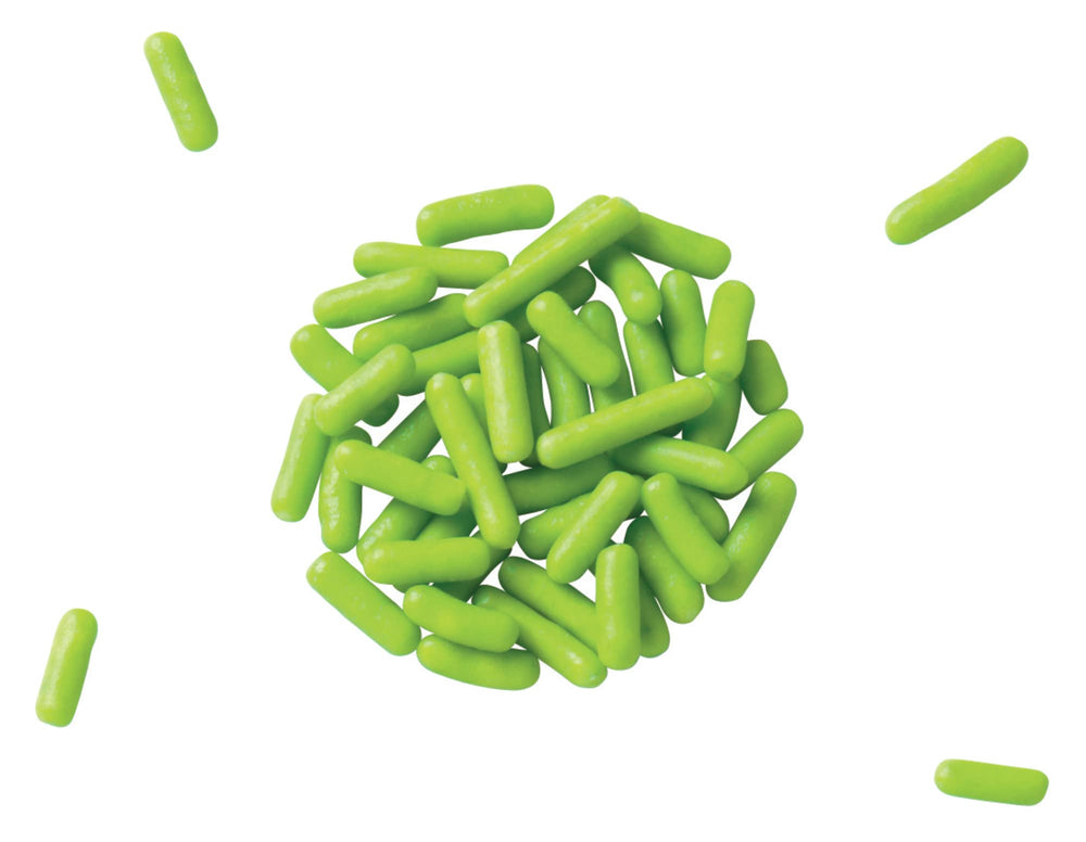 DecoPac Lime Green Sprinkles on buttercream icing for festive texture and color.