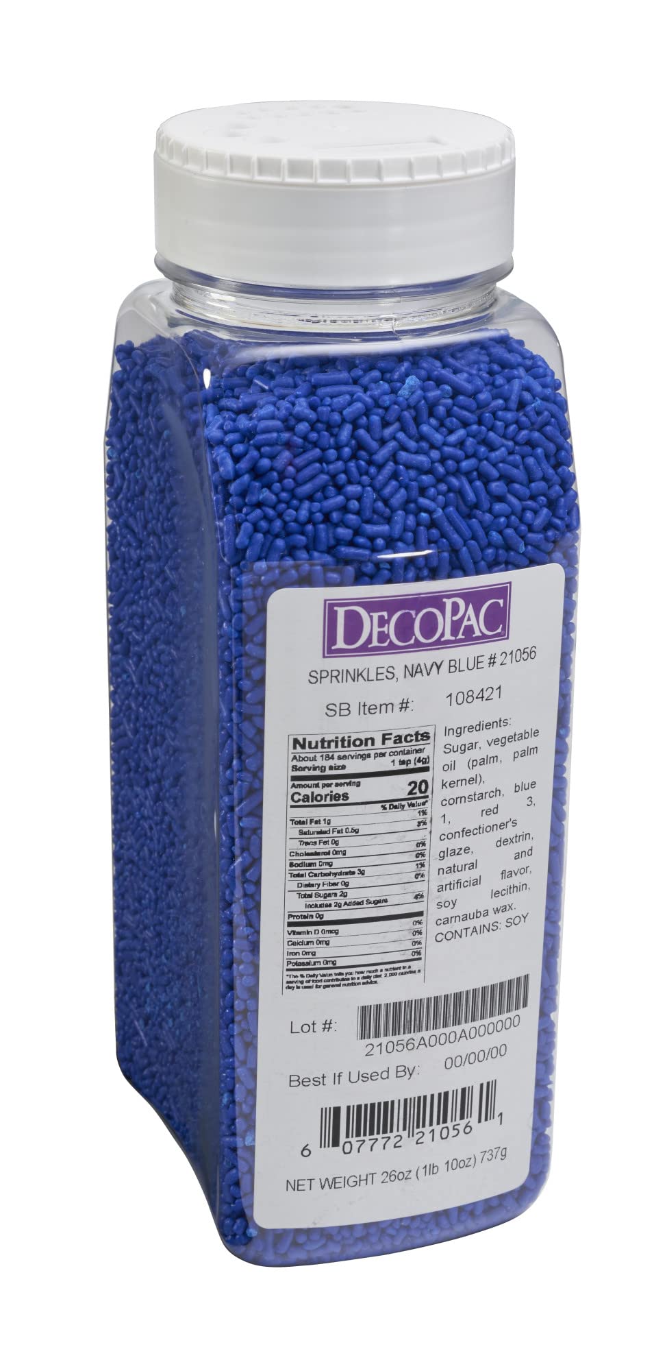 DecoPac Navy Blue Sprinkles in a jar ready for cake decorating and storage.