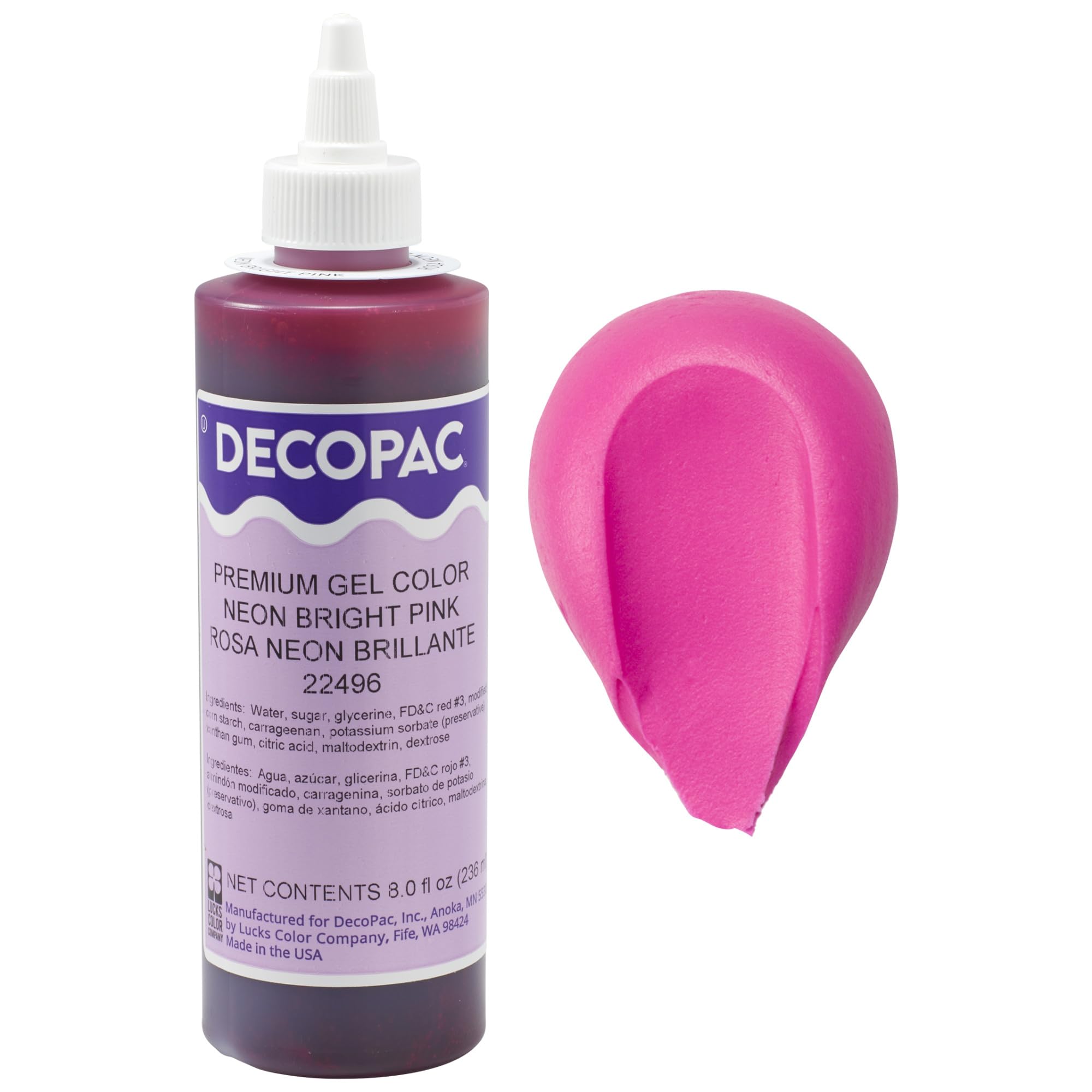 DecoPac Neon Bright Pink gel bottle adds vibrant color to buttercream and fondant.