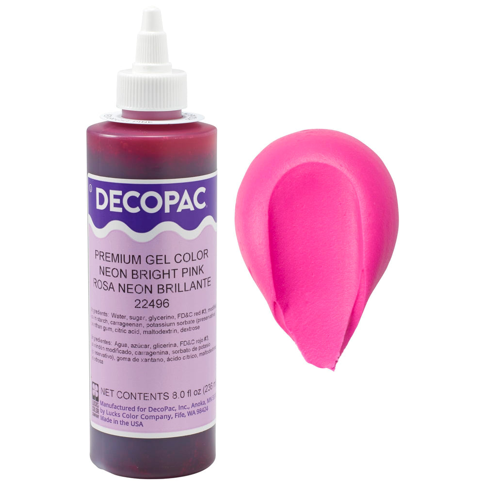 DecoPac Neon Bright Pink gel bottle adds vibrant color to buttercream and fondant.