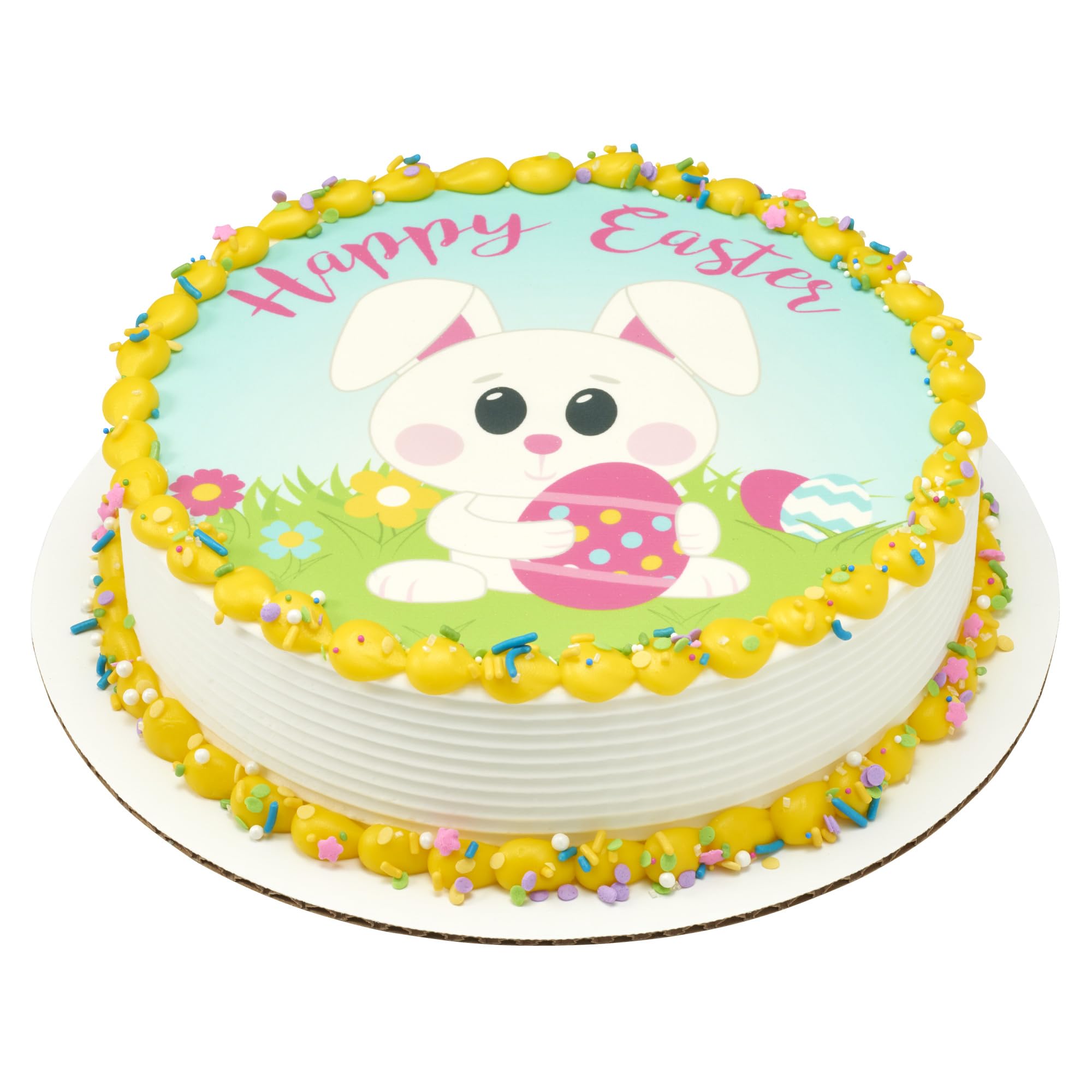 Pink flower shapes and white nonpareils stand out on desserts.