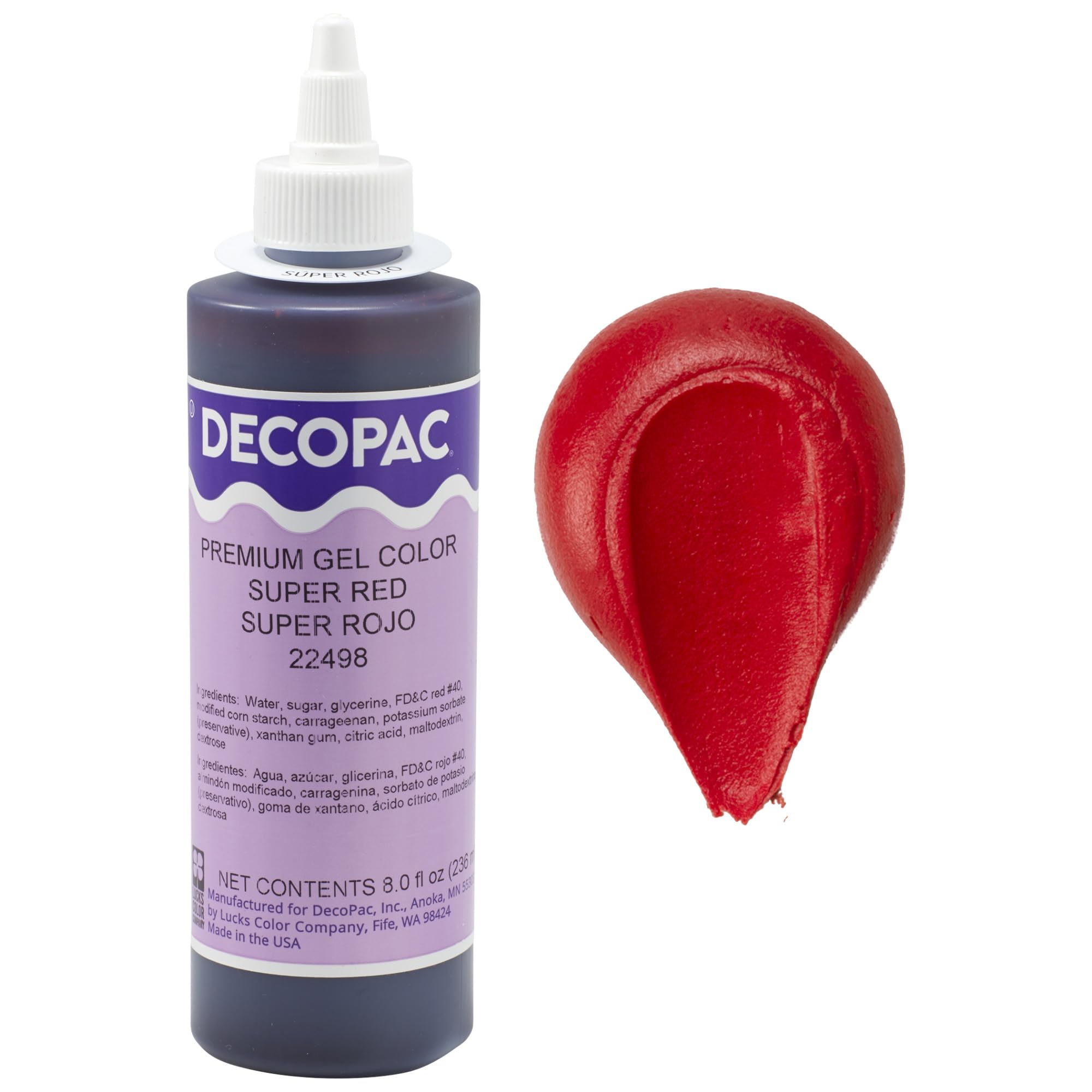 DecoPac Premium Gel Color Super Red bottle for vibrant cake coloring.