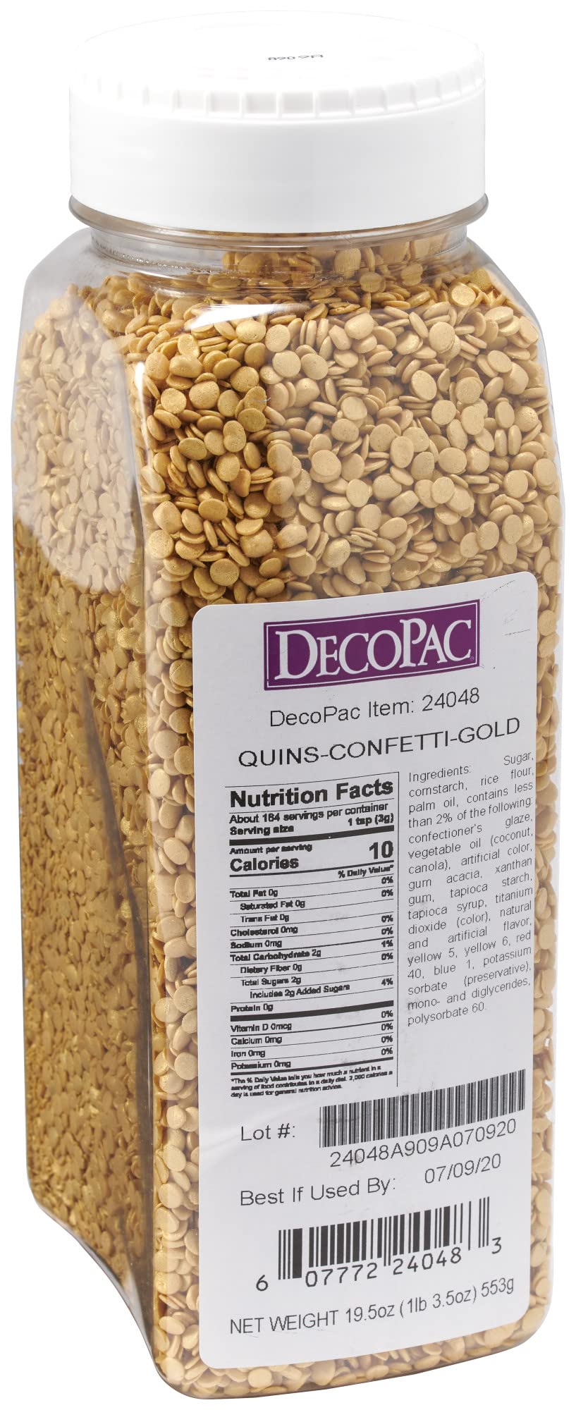 DecoPac Quins fancy sprinkles in a handheld container for easy decorating.