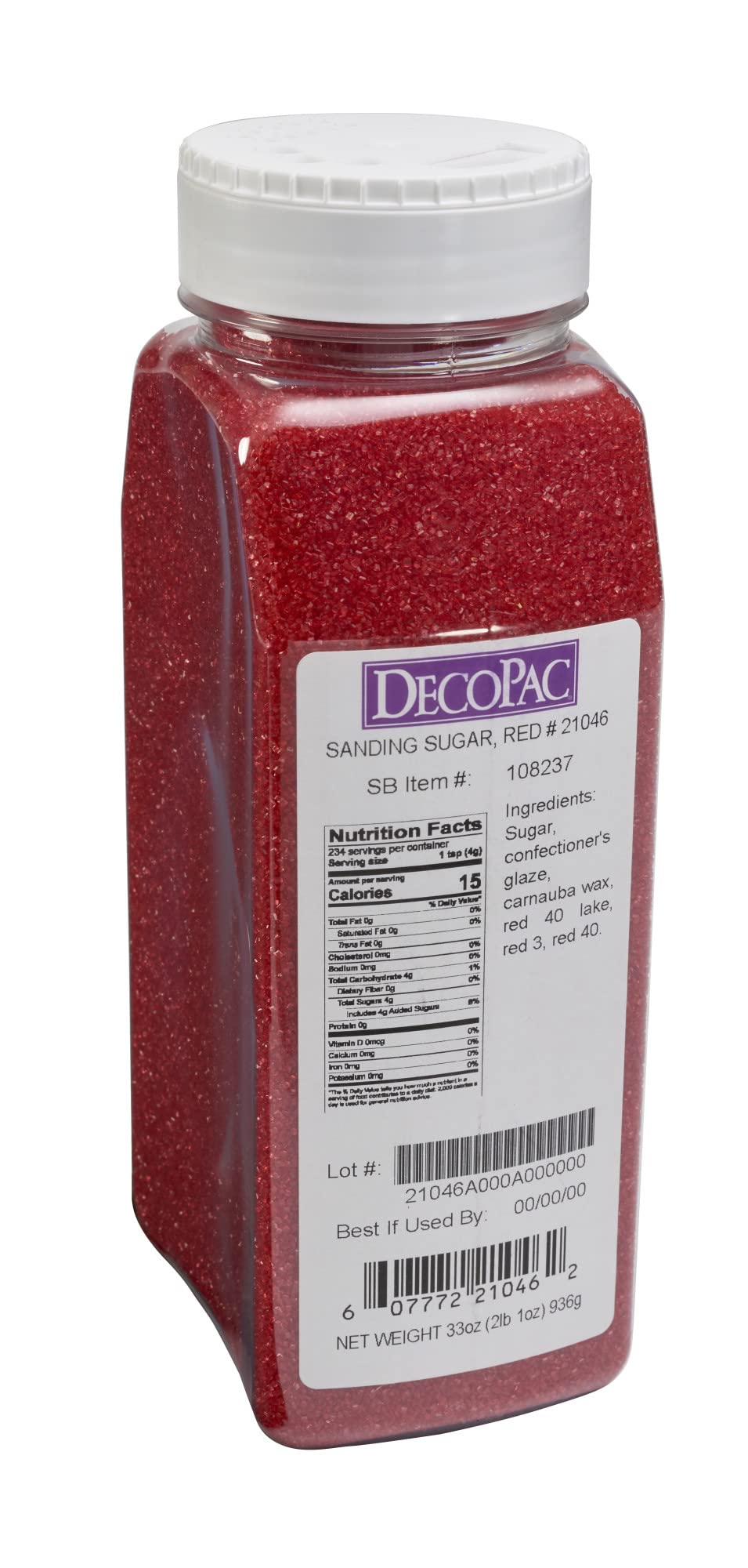 Red edible sprinkles on cake provide shimmer and texture.