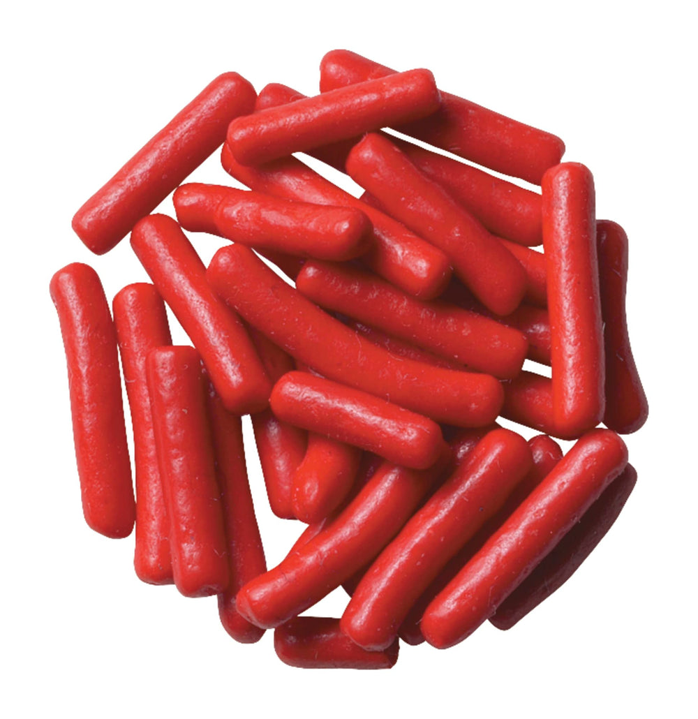 DecoPac Red Sprinkles in a resealable jar for easy storage.
