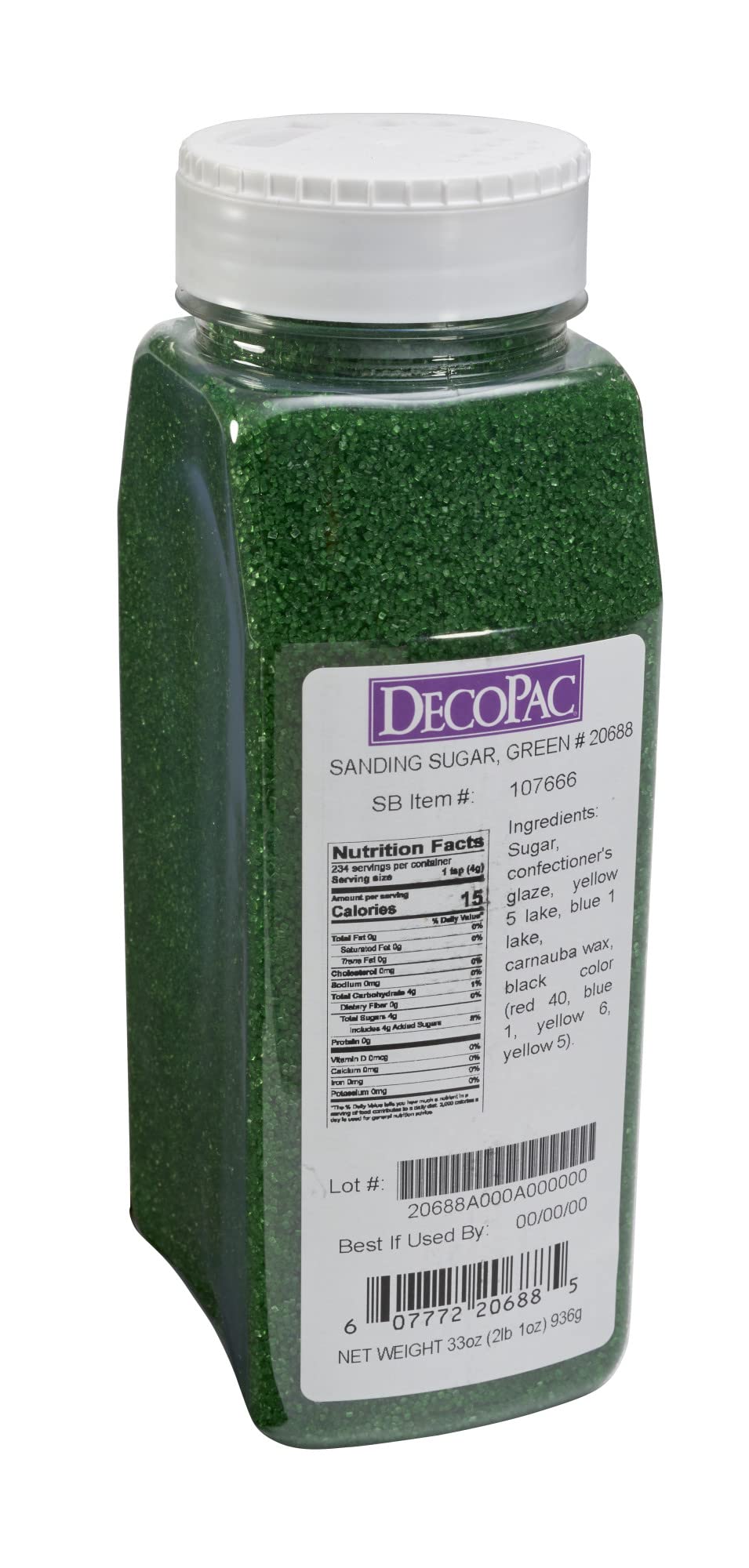Close-up of emerald-green sugar crystals for precise royal icing use with DecoPac