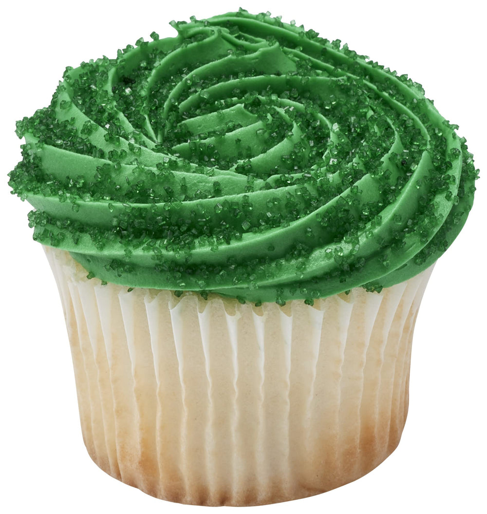 Cupcakes topped with green DecoPac sanding sugar for bright color