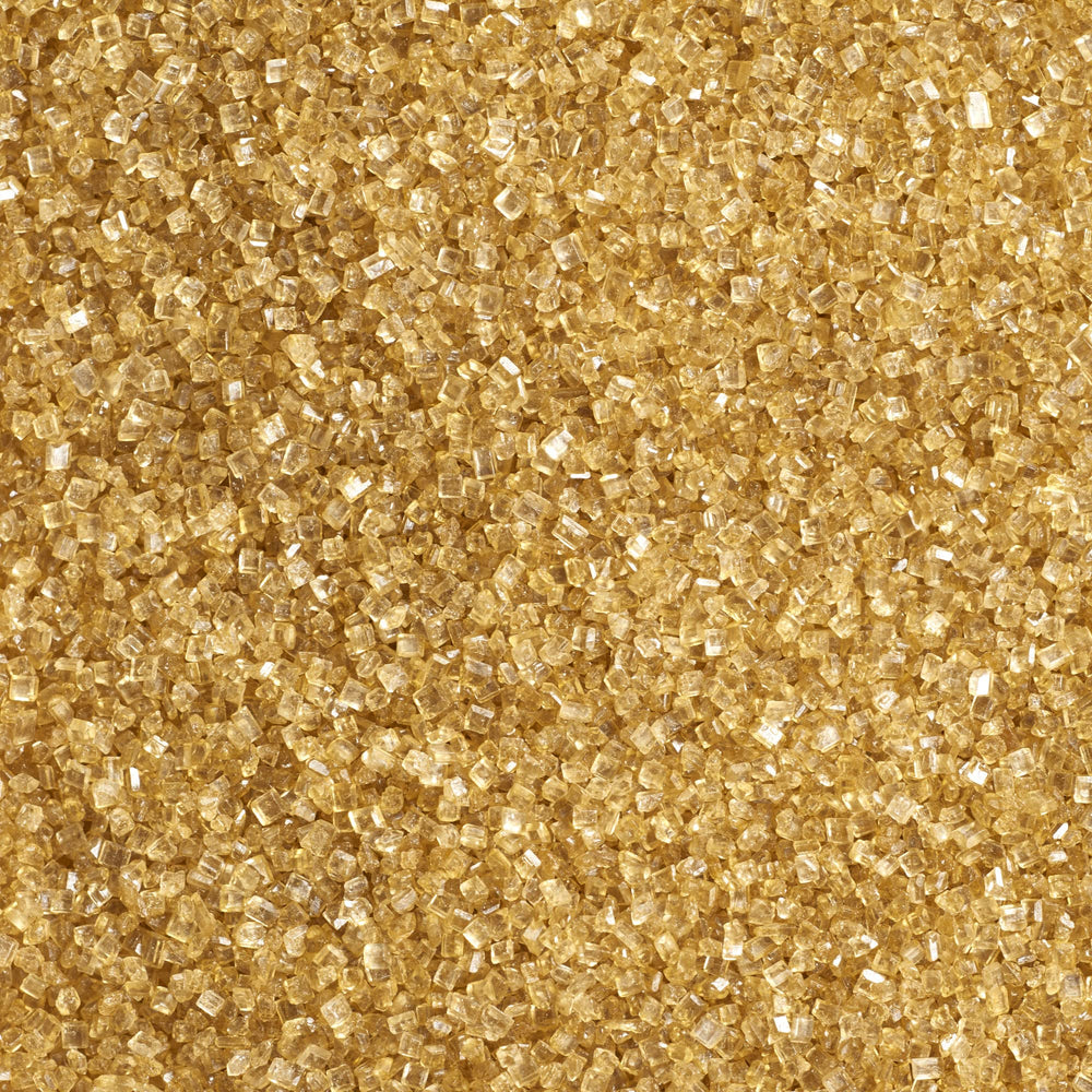 DecoPac Sparkling Gold sanding sugar in container top for festive cake decorating.