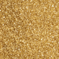 DecoPac Sparkling Gold sanding sugar in container top for festive cake decorating.