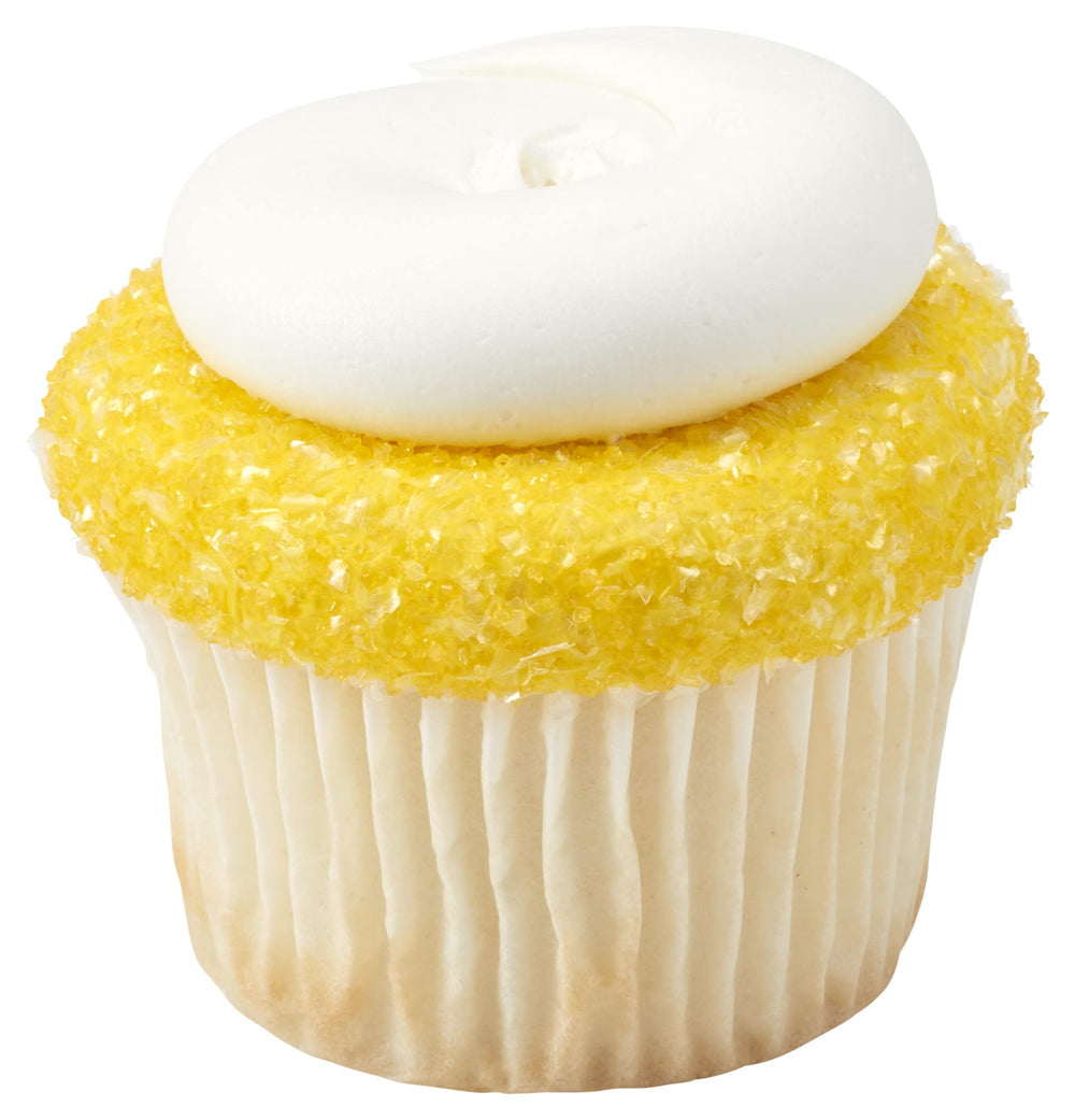 Yellow DecoPac sanding sugar on cupcakes for festive color.