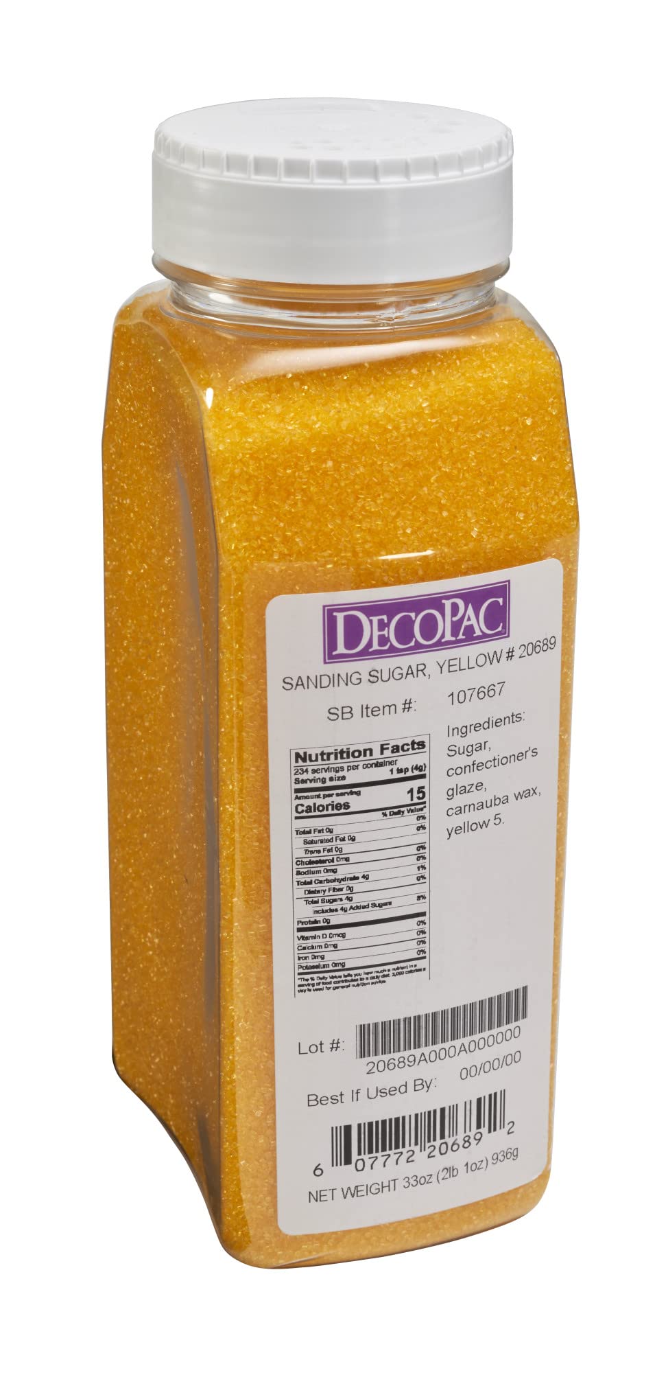 DecoPac yellow sanding sugar shaker top for precise dusting.