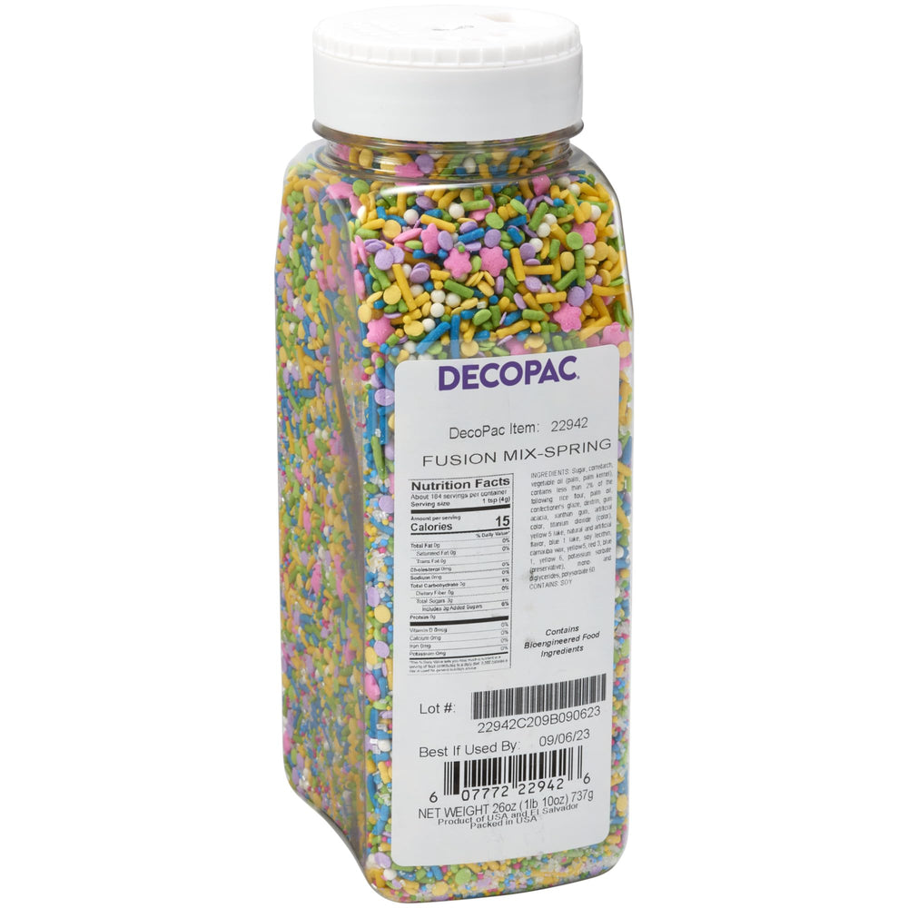 DecoPac Spring Fusion Sprinkles in a handheld container for easy spring decorating.