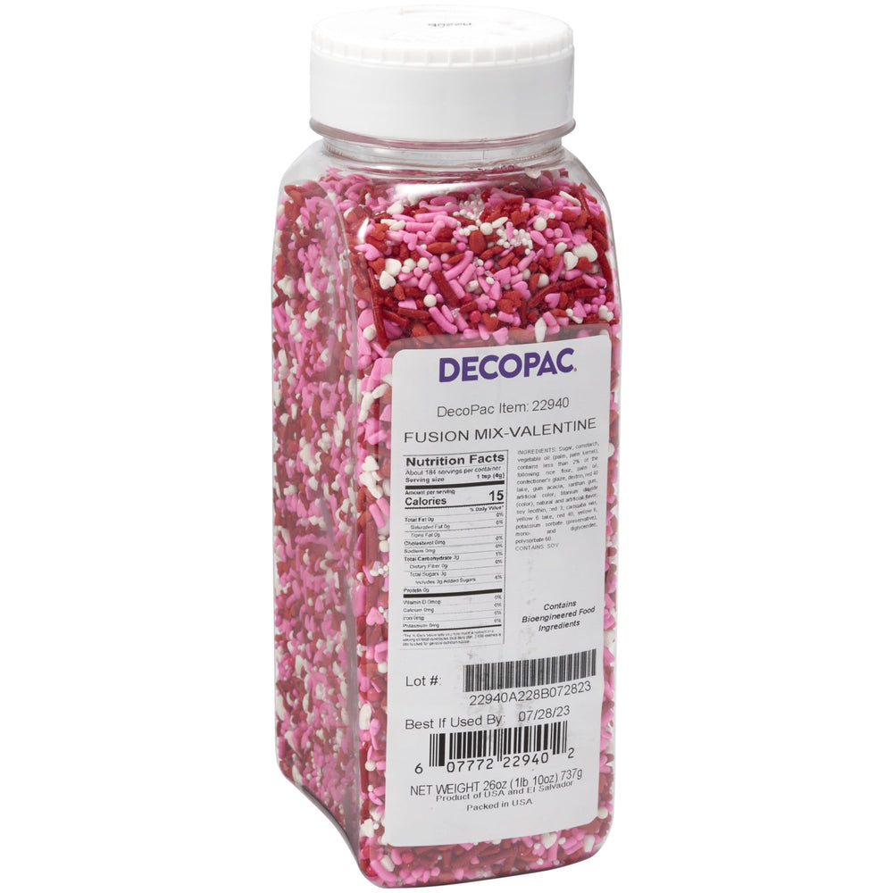 DecoPac Valentine Fusion Sprinkles in handheld container for easy decorating