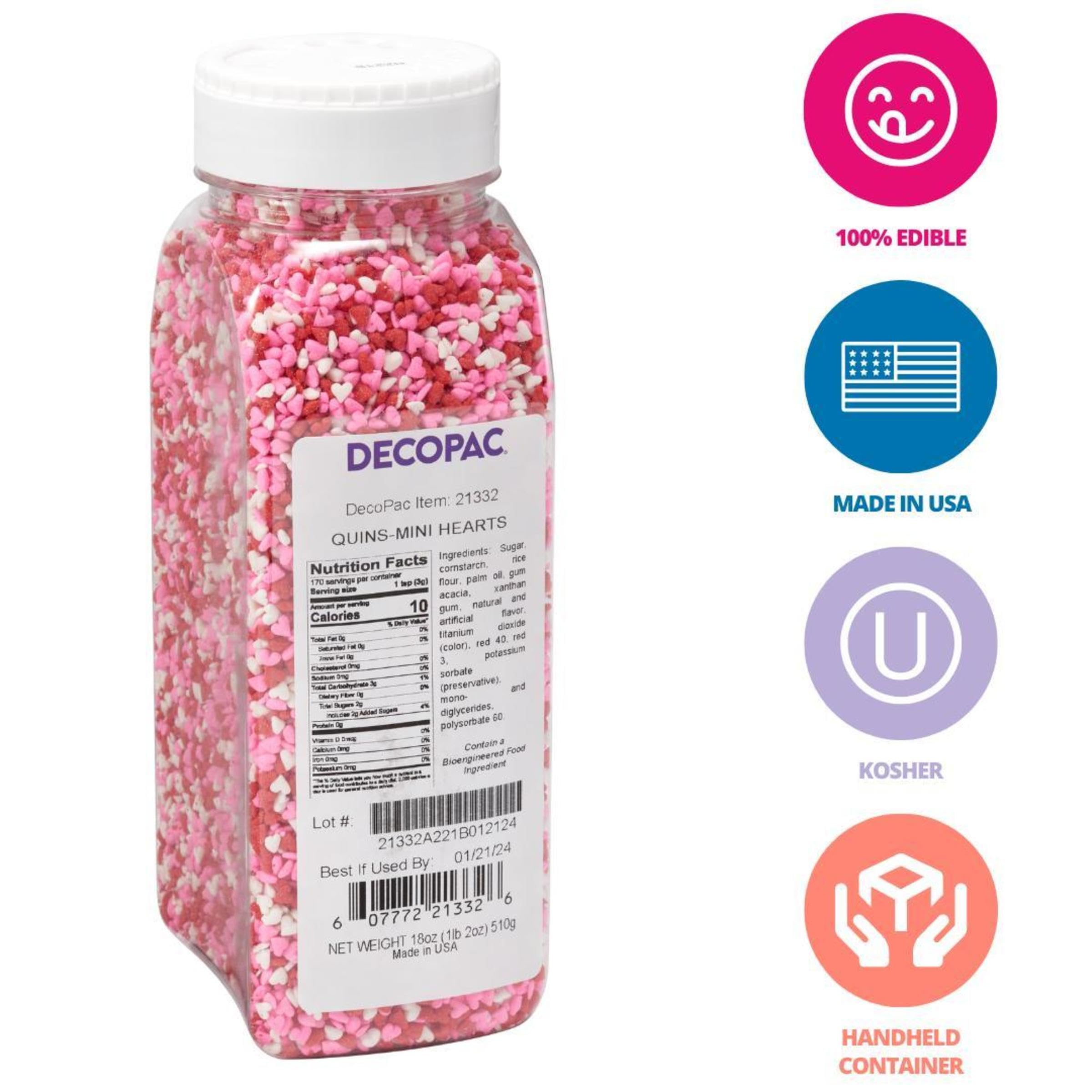 DecoPac Valentines Quins pink heart sprinkles add festive flair to cupcakes.