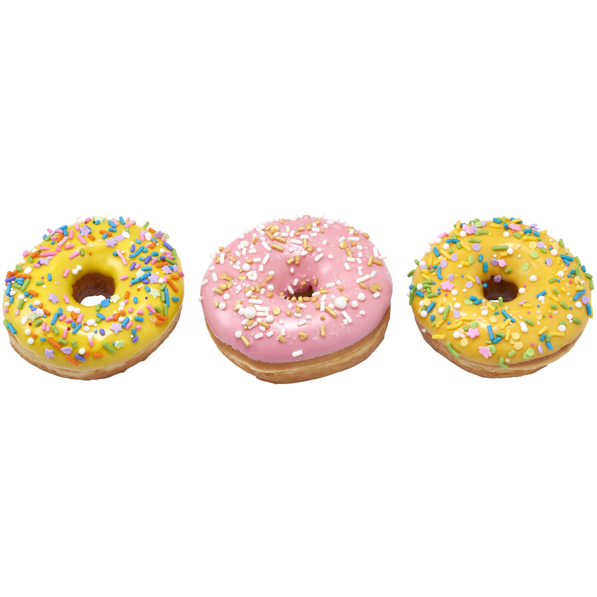 Bright yellow, blue, green, and lilac sprinkles enhance pastel treats.