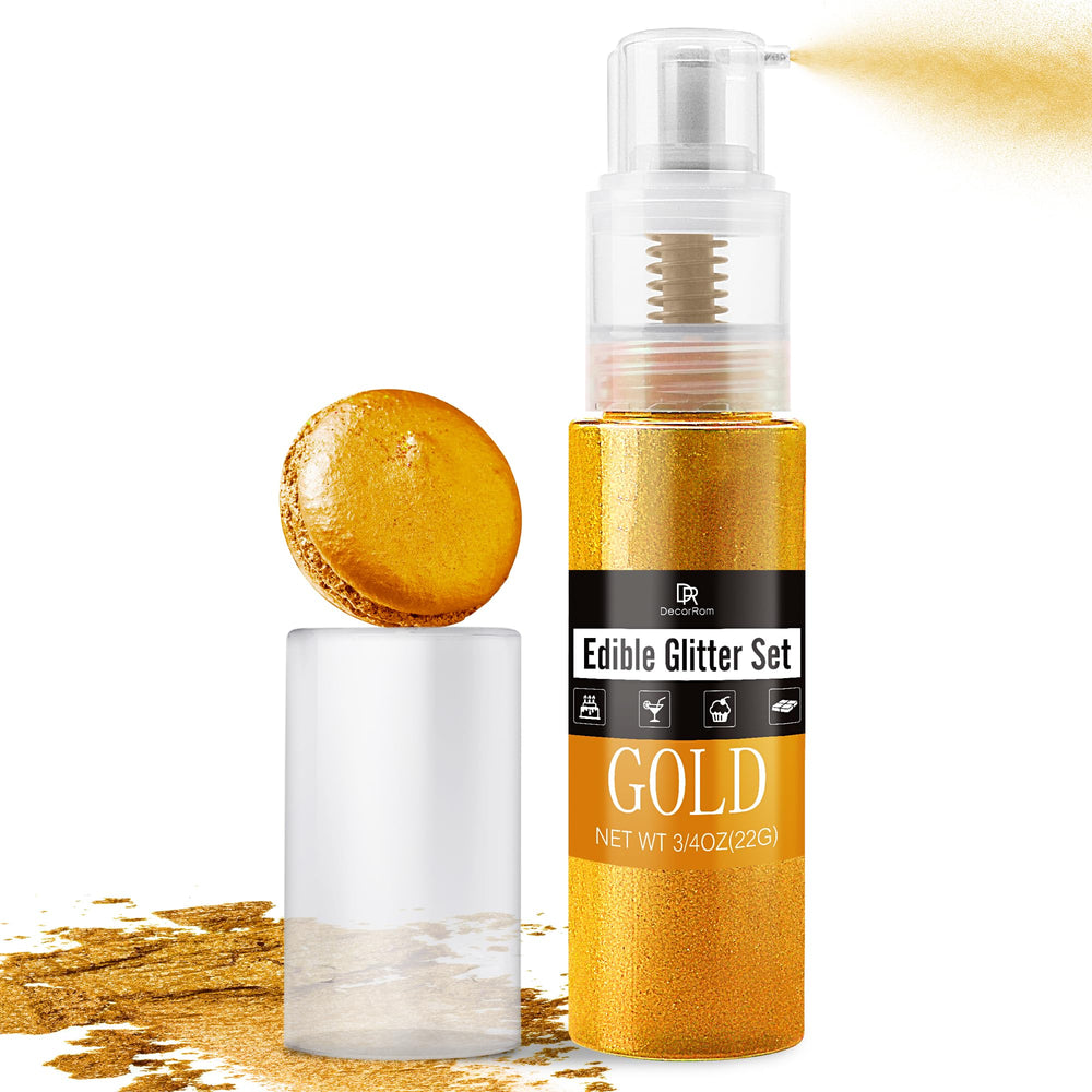 DecorRom Gold Edible Glitter Spray bottle adds luxurious metallic finish to desserts.