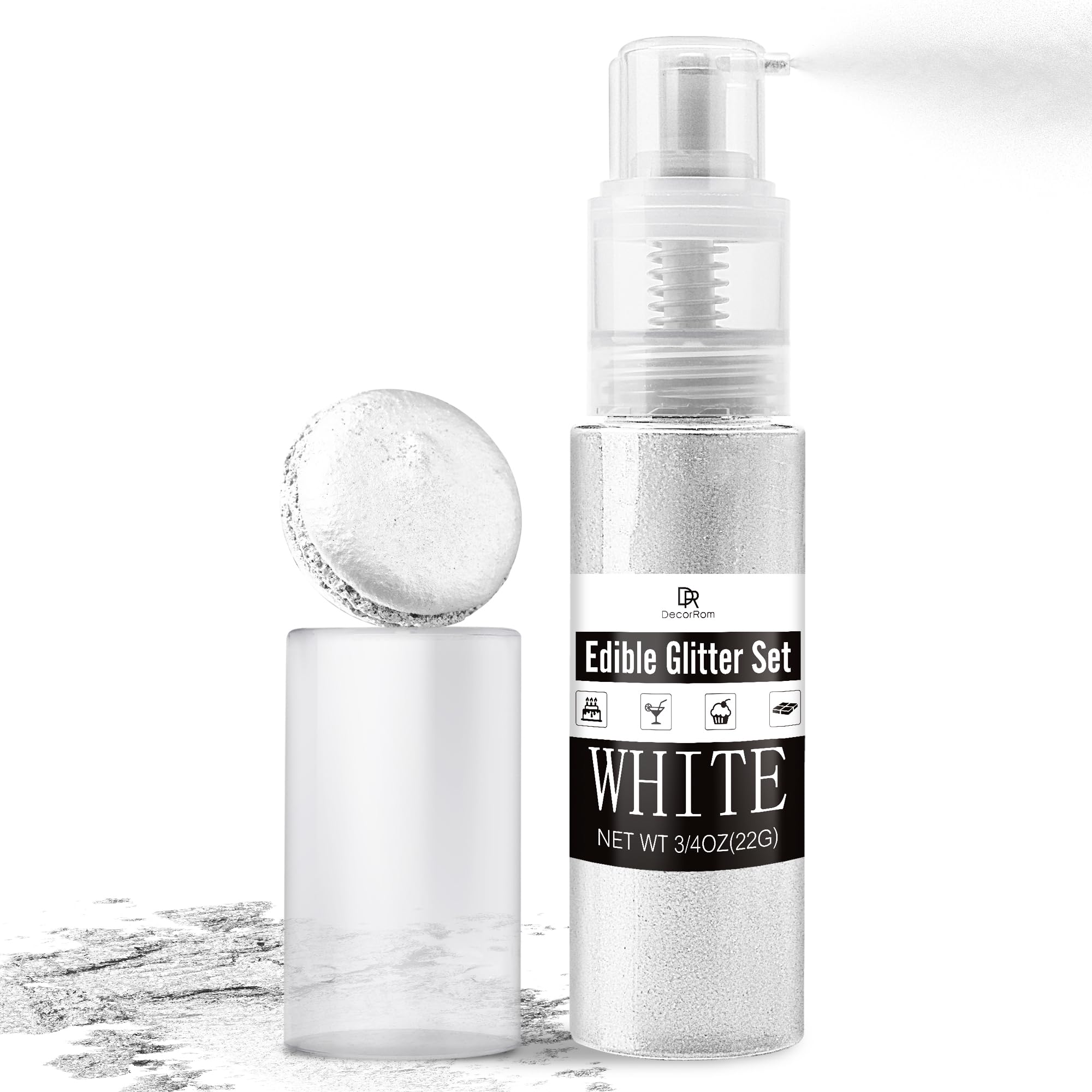 DecorRom White edible glitter spray bottle adds a flawless metallic shimmer to drinks.