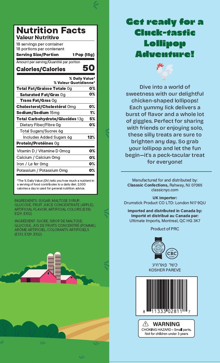 Dee Best Chickie Pops packaging with farm theme artwork, ideal for party favors.