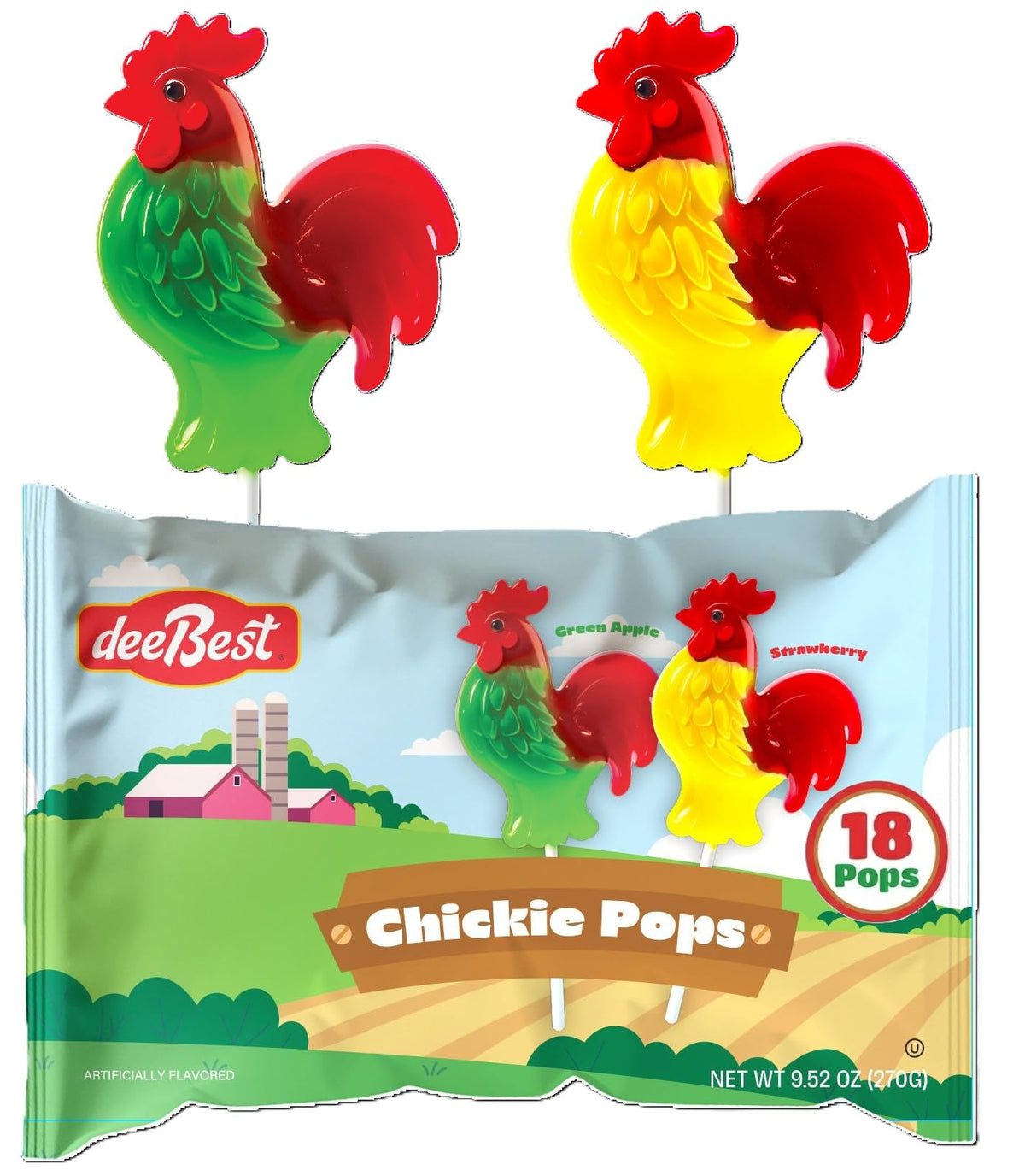 Dee Best Chickie Pops rooster-shaped lollipops in green apple and strawberry, ideal for kid-friendly snacking.