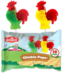 Dee Best Chickie Pops rooster-shaped lollipops in green apple and strawberry, ideal for kid-friendly snacking.