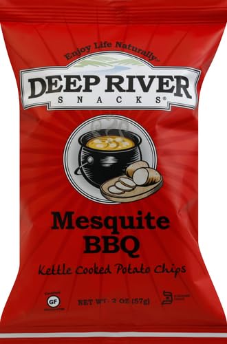 Hands holding Deep River Snacks Mesquite BBQ kettle chips, convenient single-serve option for travel.