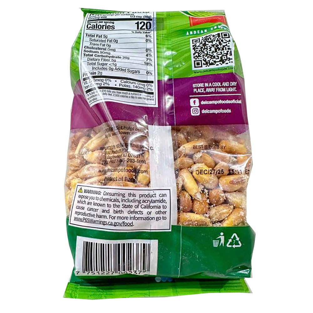 DEL CAMPO Chulpi corn snack ingredients label highlighting simple components.