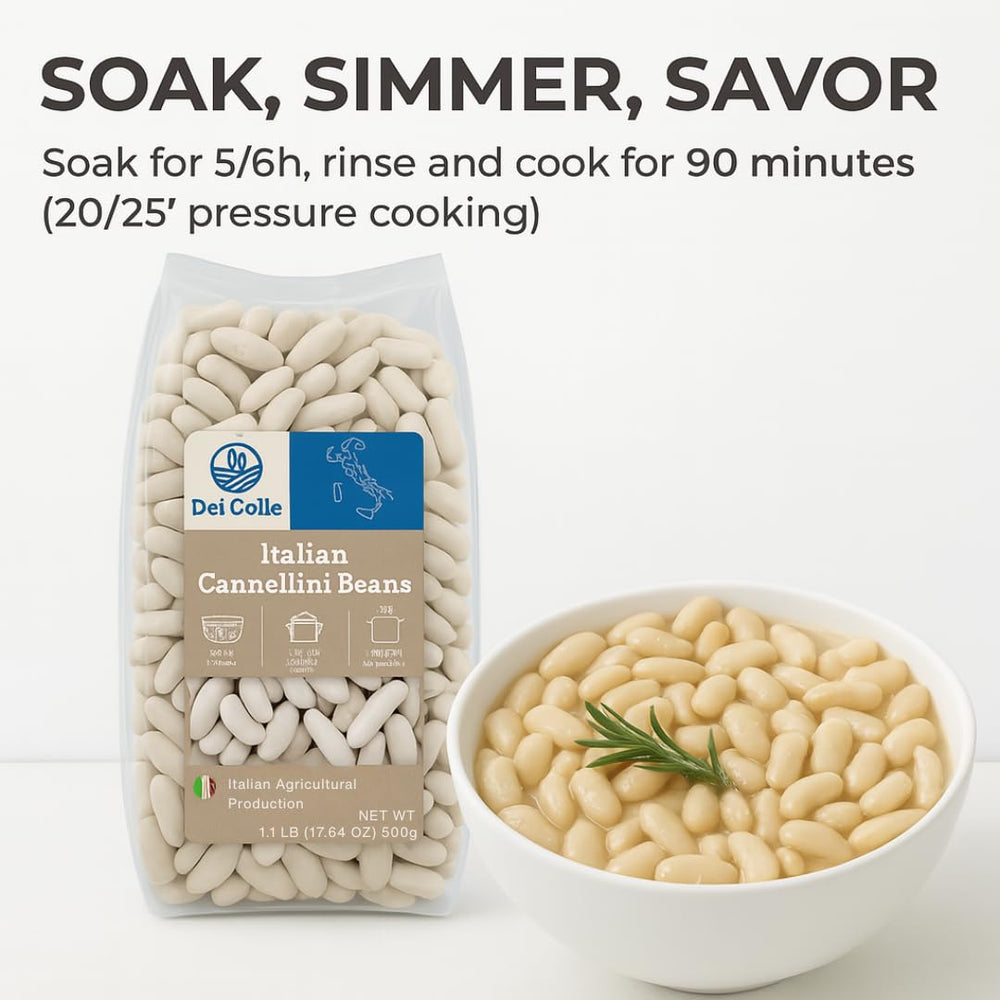 Cooked Del Colle Cannellini beans served in a dish, ideal for pasta e fagioli.