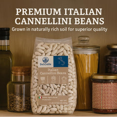 Closeup of raw Del Colle Cannellini beans showing creamy texture prospects.