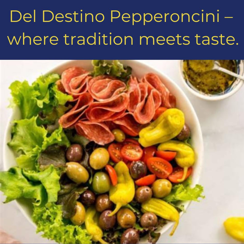 Del Destino pepperoncini close-up label, highlights vitamin-rich produce.