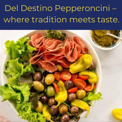 Del Destino pepperoncini close-up label, highlights vitamin-rich produce.