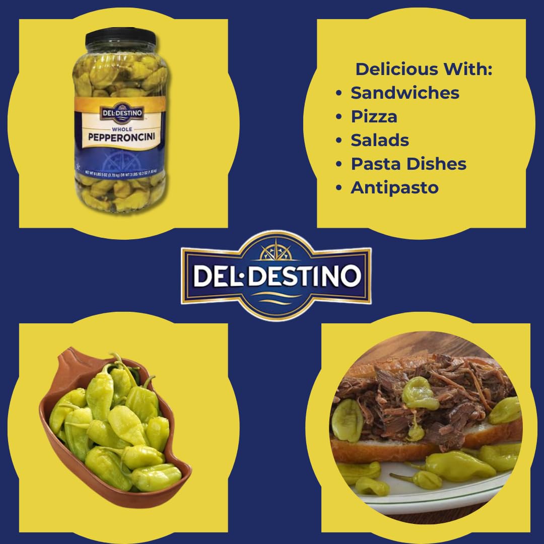 Del Destino pepperoncini jar close-up, crisp texture visible.
