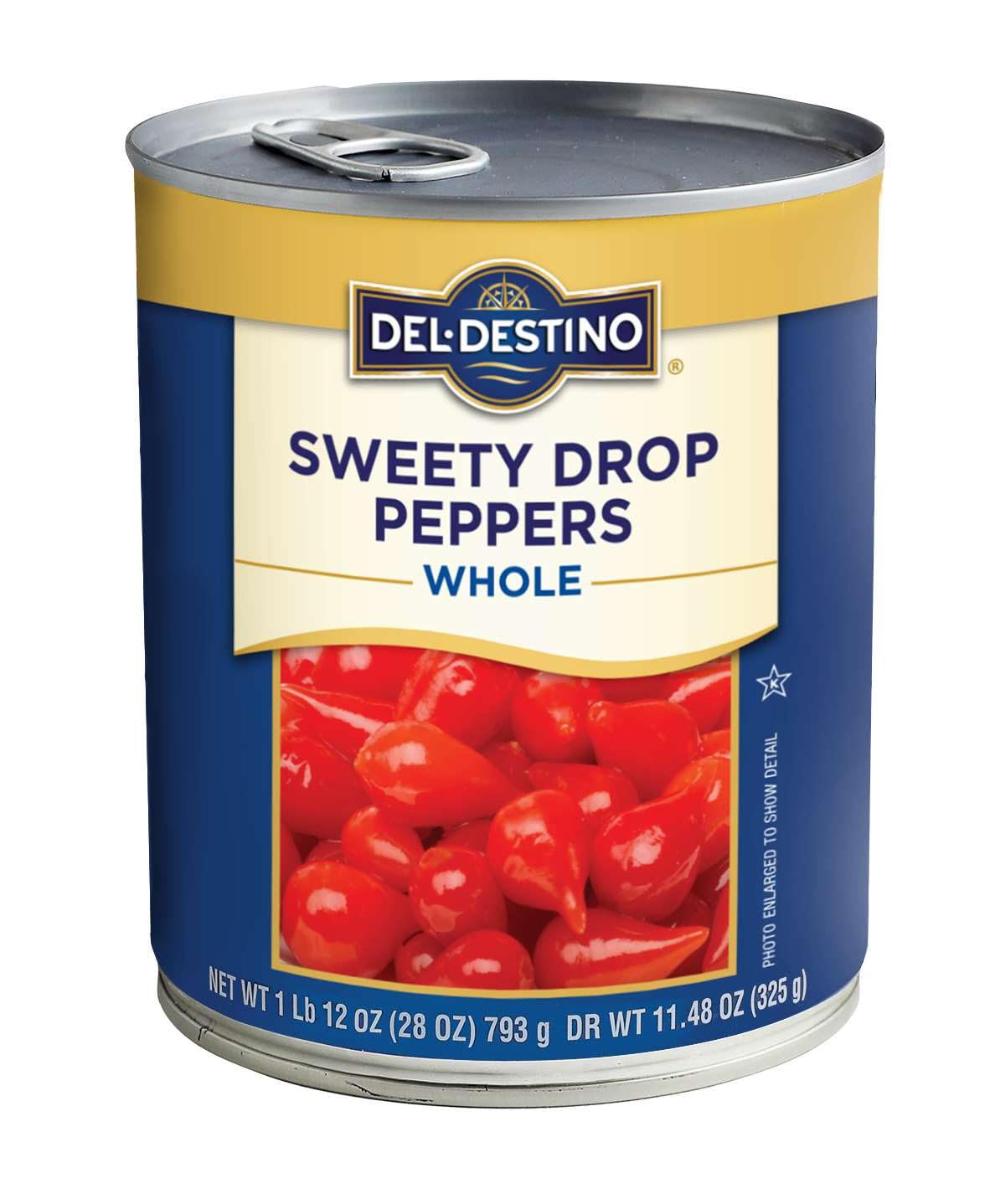 Del Destino Red Sweety Drop mini peppers in tin add vibrant color to salads.
