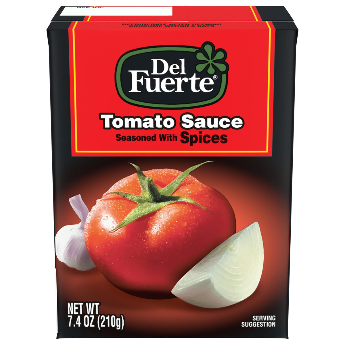 Del Fuerte tomato sauce 7.4-ounce carton on shelf, perfect for quick marinara prep.