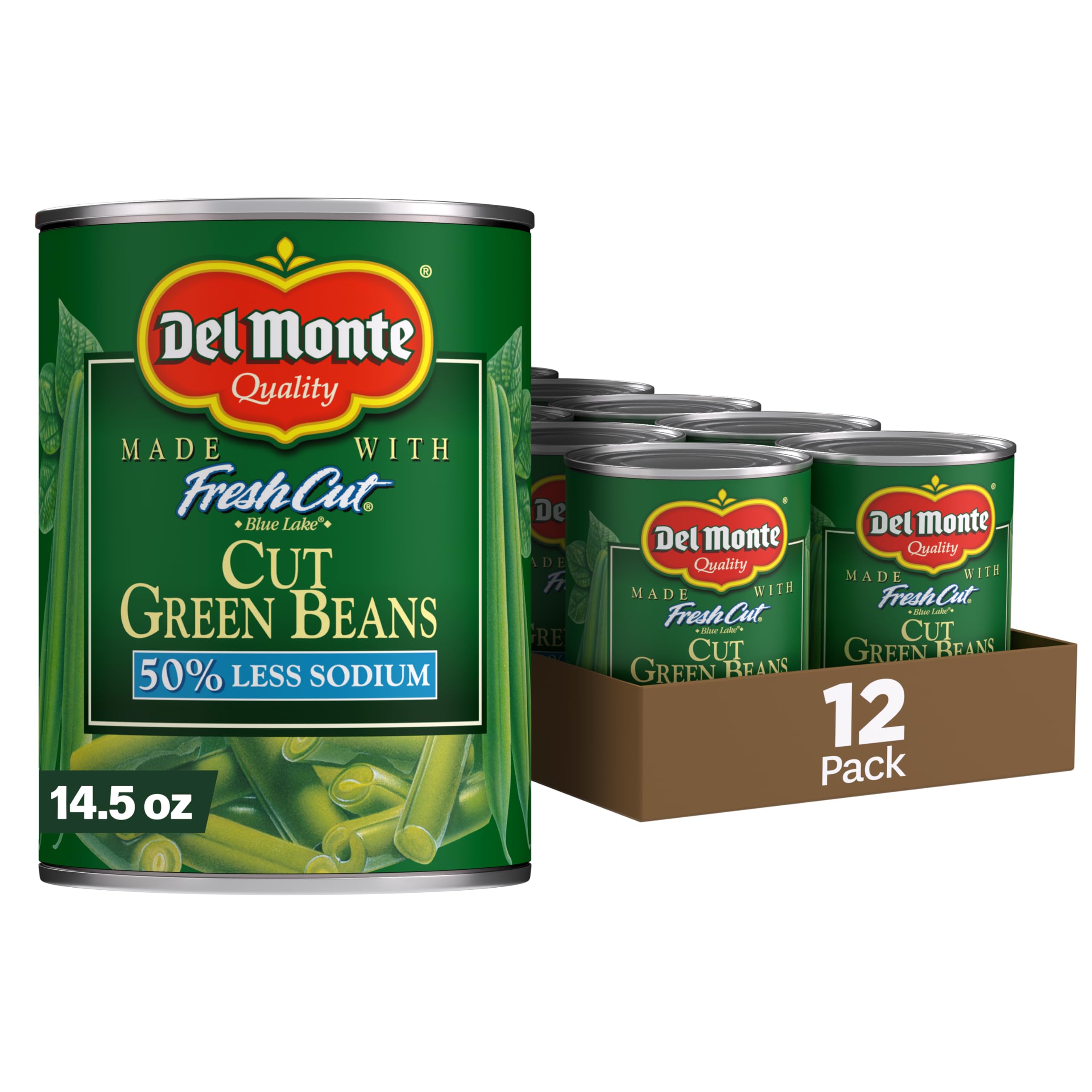 Del Monte Blue Lake green beans can front view ready to heat.