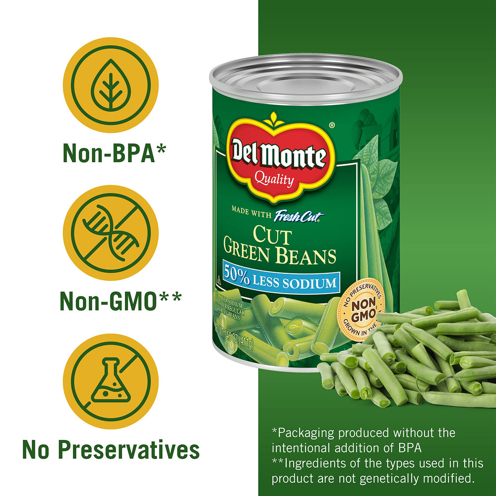 Del Monte Blue Lake green beans label close-up with reduced sodium.