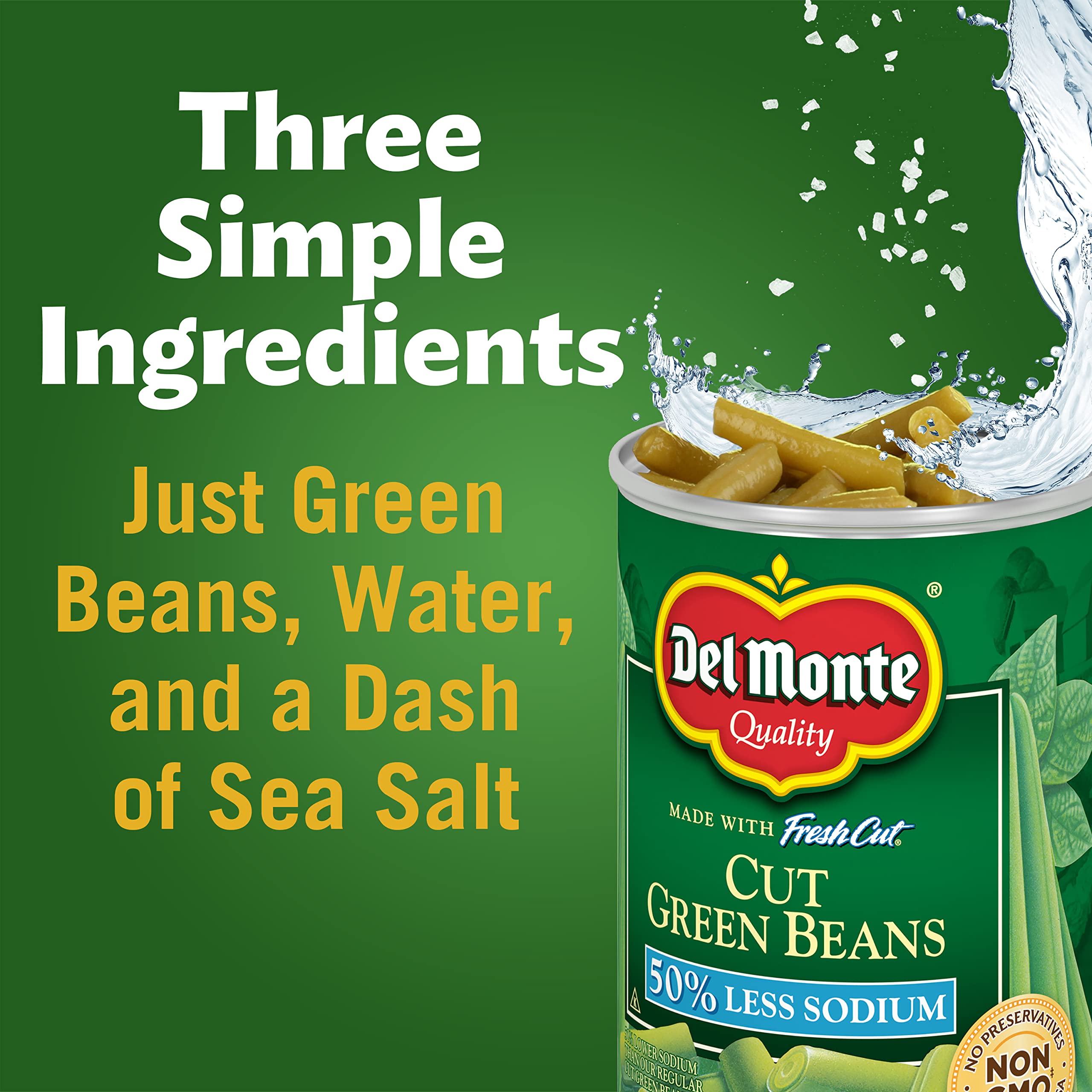 Del Monte Blue Lake green beans on pantry shelf Non-GMO.